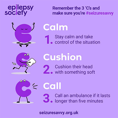 purple infographic with 3 C's of basic seizure first aid info: 1) stay calm, 2) cushion head, 3) call ambulance if over 5 mins. clickable link to seizuresavvy.org.uk