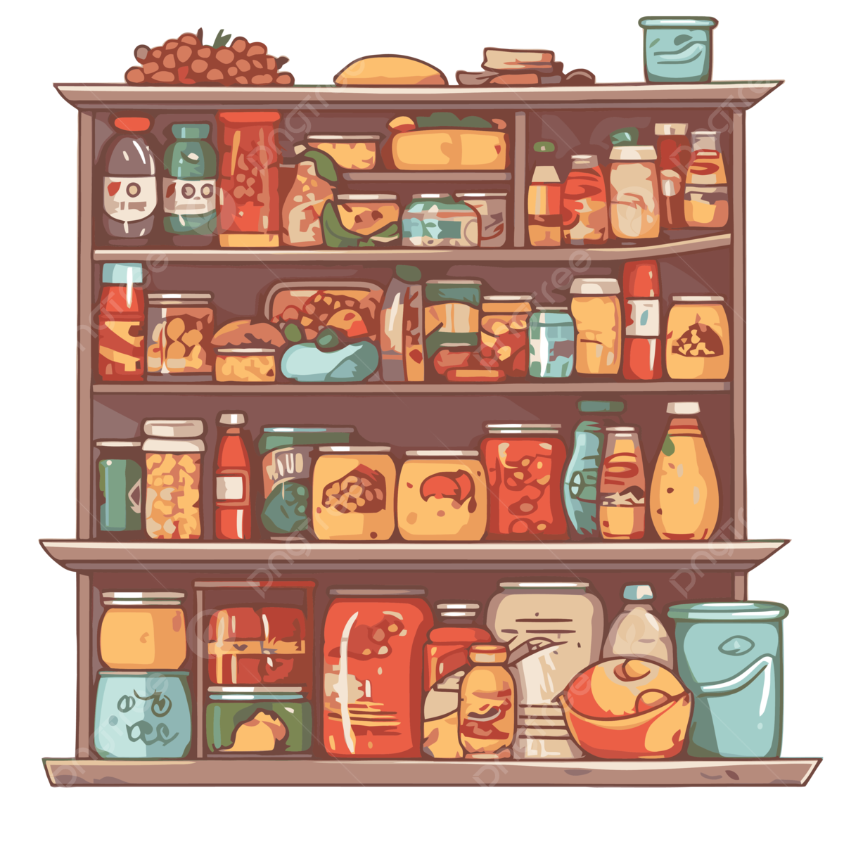 a clipart drawing of a pantry cupboard, with lots of bottles, jars and food a clipart drawing of a pantry cupboard, with lots of bottles, jars and food